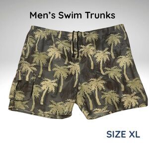 Kayluna Bay Men’s Swim Trunks XL – Black & Tan Palm Tree Print – NWOT